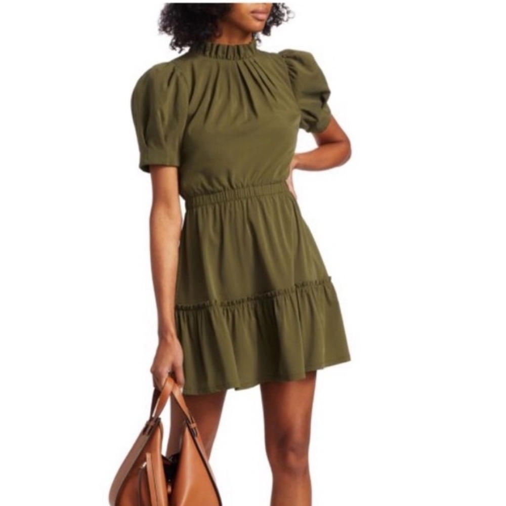 Alice + Olivia Olive Green Short Sleeve Tiered Mini Dress